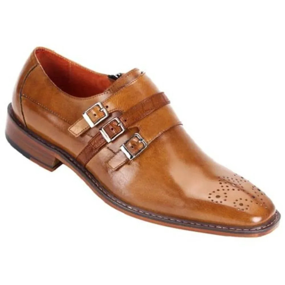 Steven Land Cognac Genuine Leather Slip-On Shoes With Triple Monk Straps Sz: 11M